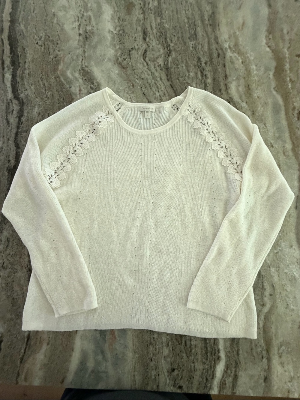 Garnet Hill Merino Wool Cotton Lace Raglan Pullover Sweater Ivory. Medium. EUC